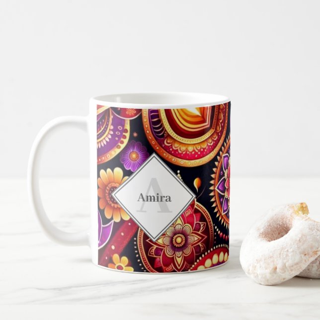 Personalised Red and Purple Diyas & Rangoli Diwali Coffee Mug (With Donut)