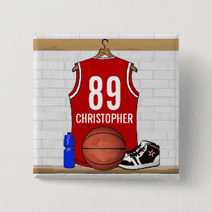 Personalised Red and White Basketball Jersey 15 Cm Square Badge