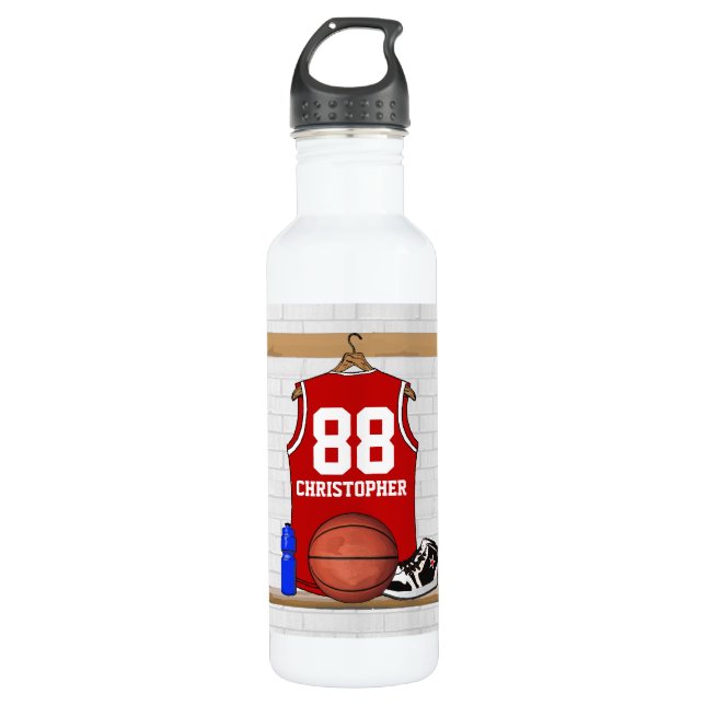 Personalised Red and White Basketball Jersey 710 Ml Water Bottle (Front)