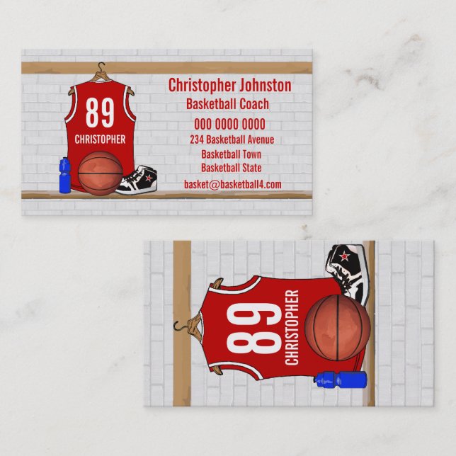 Personalised Red and White Basketball Jersey Business Card (Front/Back)
