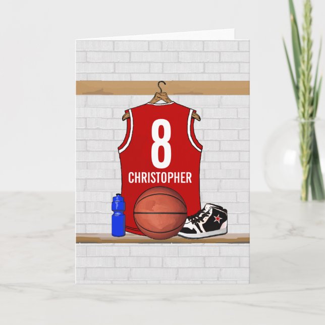 Personalised Red and White Basketball Jersey Card (Front)