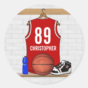 Personalised Red and White Basketball Jersey Classic Round Sticker