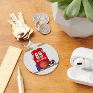 Personalised Red and White Basketball Jersey Key Ring