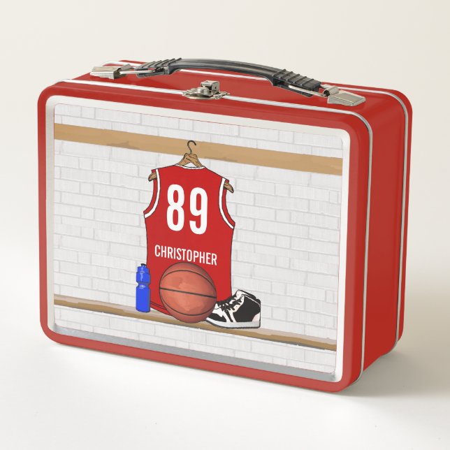 Personalised Red and White Basketball Jersey Metal Lunch Box (Front)