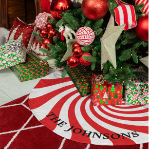 Personalised Red and White Christmas Candy Fleece Tree Skirt