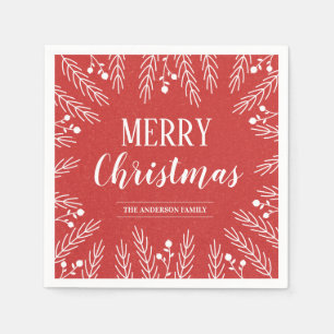 Personalised Red and White Foliage Merry Christmas Napkin