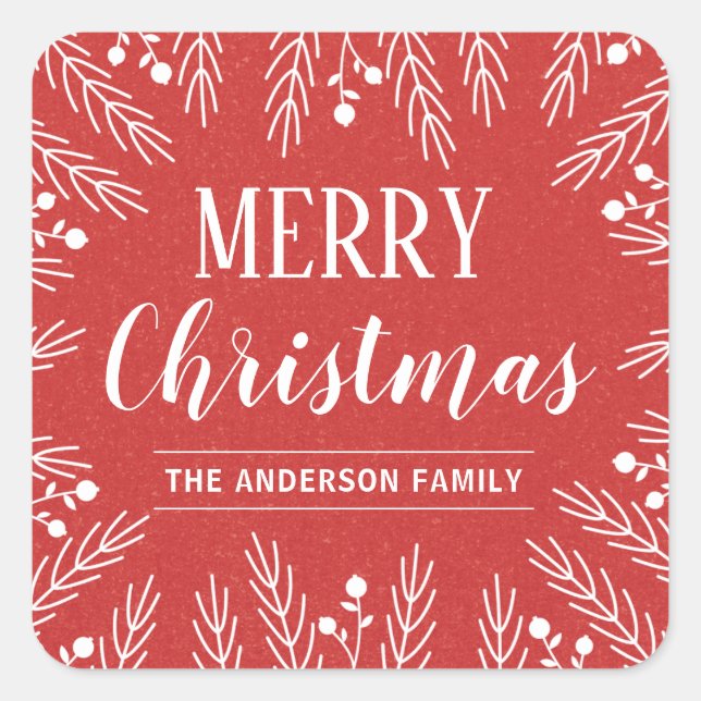 Personalised Red and White Foliage Merry Christmas Square Sticker (Front)