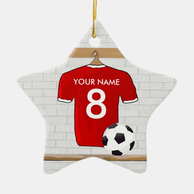 Personalised Red and White Football Soccer Jersey Ceramic Tree Decoration (Front)