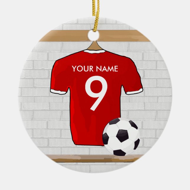 Personalised Red and White Football Soccer Jersey Ceramic Tree Decoration (Front)
