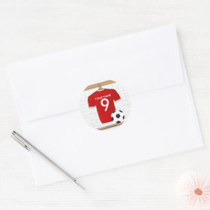 Personalised Red and White Football Soccer Jersey Classic Round Sticker