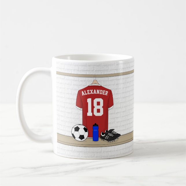 Personalised Red and White Football Soccer Jersey Coffee Mug (Left)