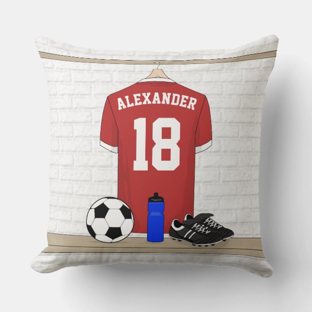 Personalised Red and White Football Soccer Jersey Cushion (Front)