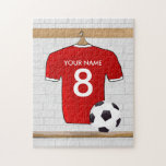 Personalised Red and White Football Soccer Jersey Jigsaw Puzzle<br><div class="desc">A personalised football soccer jersey in red with white trim, hanging in a sports locker room with a water bottle, football cleats and a soccer ball. Just add the name and number (or age) of the soccer player, football fan or soccer team coach to create a unique soccer gift. Other...</div>