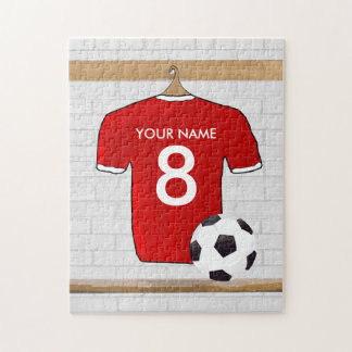 Personalised Red and White Football Soccer Jersey Jigsaw Puzzle