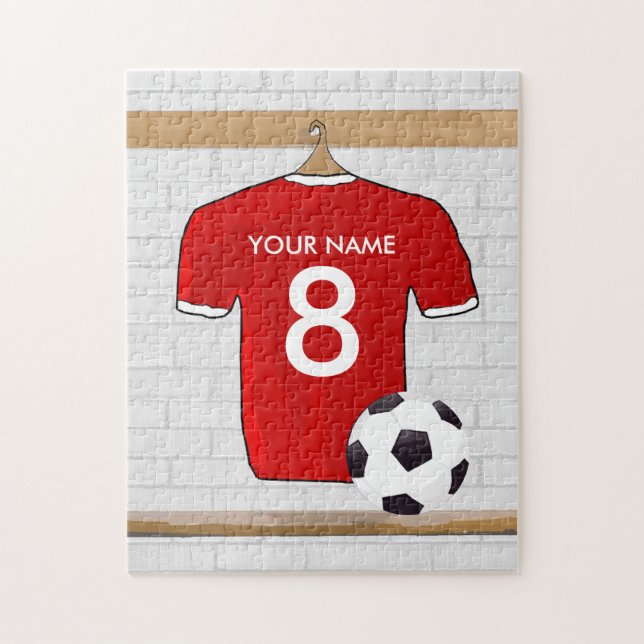 Personalised Red and White Football Soccer Jersey Jigsaw Puzzle (Vertical)