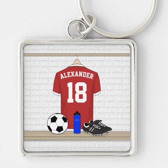 Personalised Red and White Football Soccer Jersey Key Ring (Front)