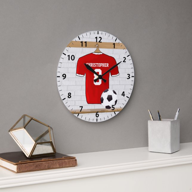 Personalised Red and White Football Soccer Jersey Large Clock (Office)
