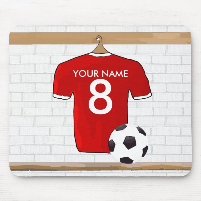 Personalised Red and White Football Soccer Jersey Mouse Mat (Front)