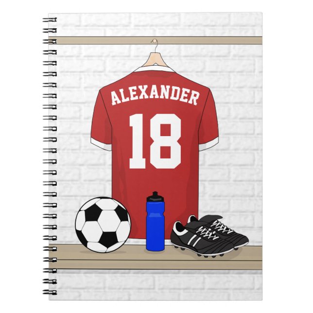 Personalised Red and White Football Soccer Jersey Notebook (Front)