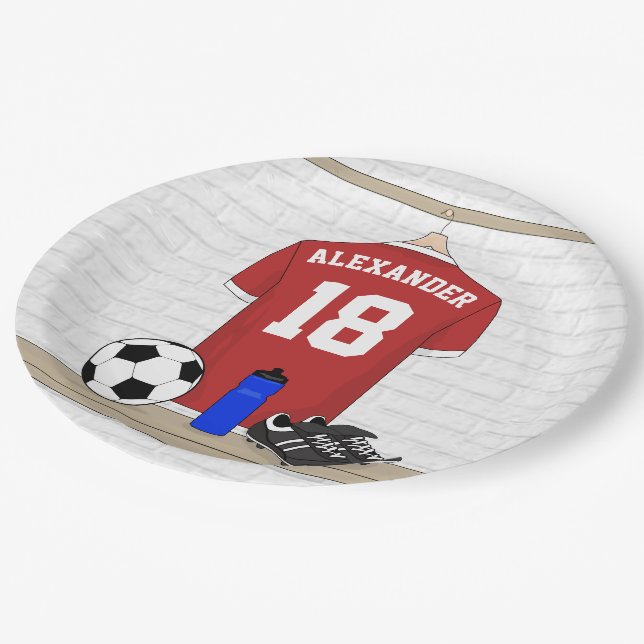 Personalised Red and White Football Soccer Jersey Paper Plate (Angled)