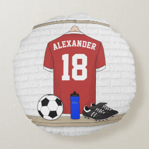 Personalised Red and White Football Soccer Jersey Round Cushion