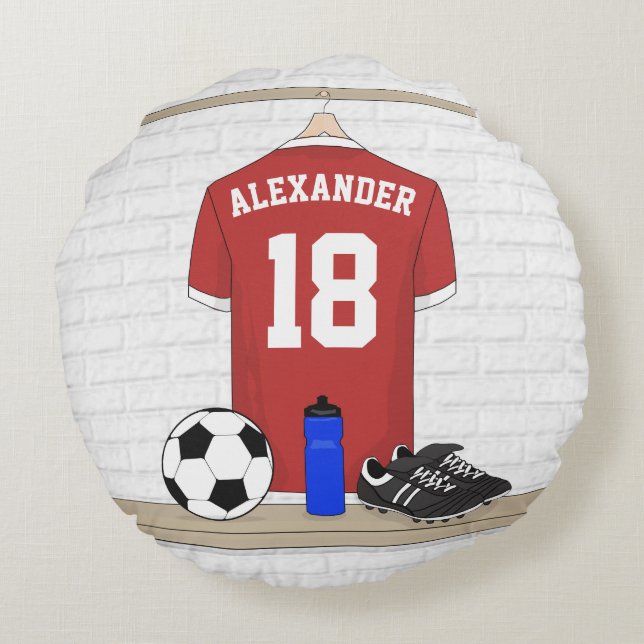 Personalised Red and White Football Soccer Jersey Round Cushion (Back)