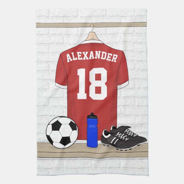 Personalised Red and White Football Soccer Jersey Tea Towel (Vertical)