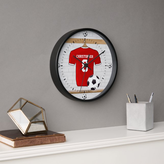 Personalised Red and White Football Soccer Jersey Wall Clock (Office)