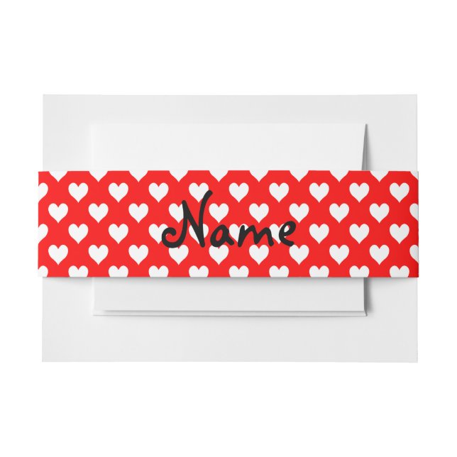 Personalised Red and White Heart Pattern Invitation Belly Band (Front Example)