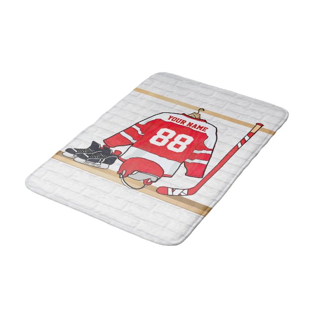Personalised Red and White Ice Hockey Jersey Bath Mat (Angled)