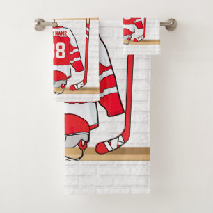 Personalised Red and White Ice Hockey Jersey Bath Towel Set