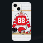 Personalised Red and White Ice Hockey Jersey Case-Mate iPhone 14 Case<br><div class="desc">A unique and fun sports design with a personalised ice hockey jersey hanging in a locker room with a helmet, ice skates and a hockey stick. The jersey can be fully personalised with the number and name of your choice to make a great gift for any ice hockey fan, ice...</div>