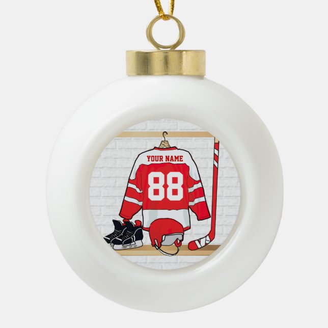 Personalised Red and White Ice Hockey Jersey Ceramic Ball Christmas Ornament (Front)