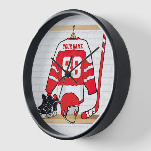 Personalised Red and White Ice Hockey Jersey Clock