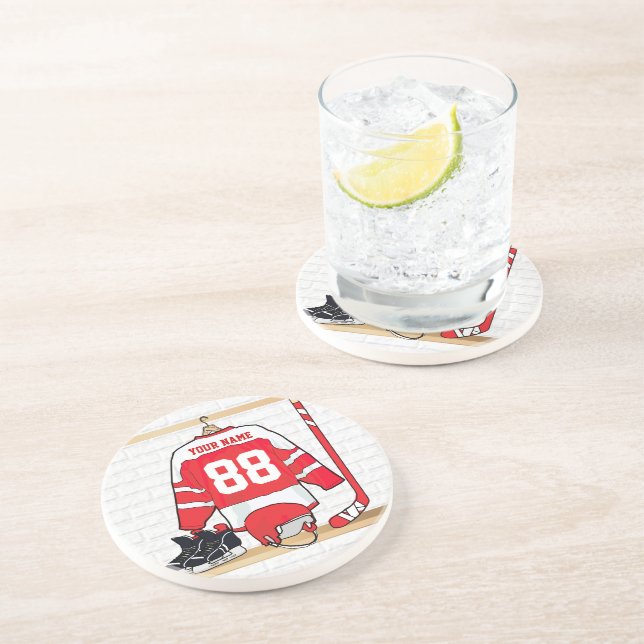 Personalised Red and White Ice Hockey Jersey Coaster (Side)