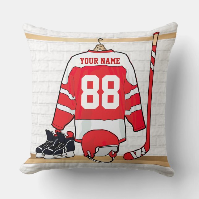 Personalised Red and White Ice Hockey Jersey Cushion (Front)