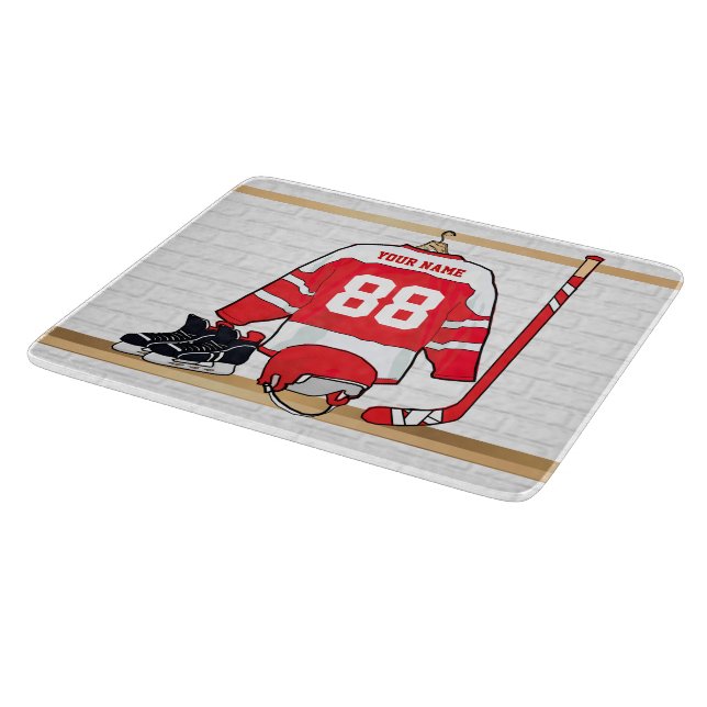 Personalised Red and White Ice Hockey Jersey Cutting Board (Corner)