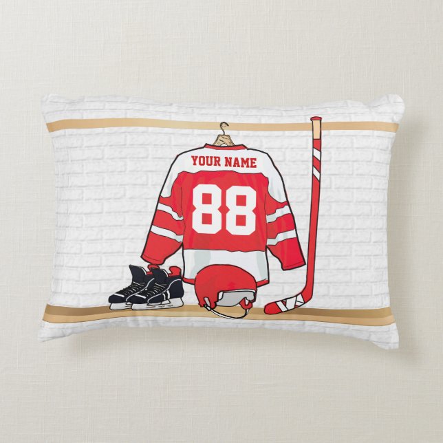 Personalised Red and White Ice Hockey Jersey Decorative Cushion (Back)