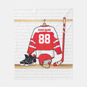 Personalised Red and White Ice Hockey Jersey Fleece Blanket