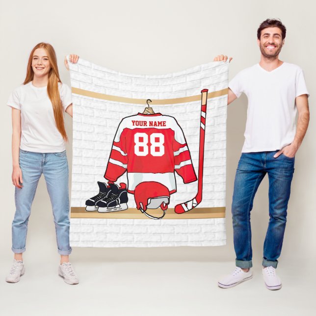 Personalised Red and White Ice Hockey Jersey Fleece Blanket (In Situ)
