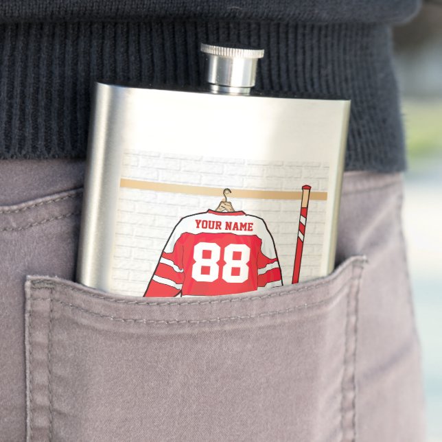 Personalised Red and White Ice Hockey Jersey Hip Flask (In Situ)