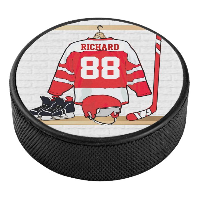 Personalised Red and White Ice Hockey Jersey Hockey Puck (3/4)
