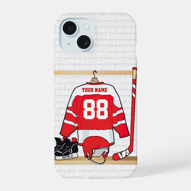 Personalised Red and White Ice Hockey Jersey iPhone 15 Case (Back)
