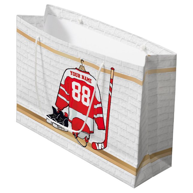 Personalised Red and White Ice Hockey Jersey Large Gift Bag (Front Angled)