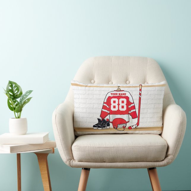 Personalised Red and White Ice Hockey Jersey Lumbar Cushion (Chair)