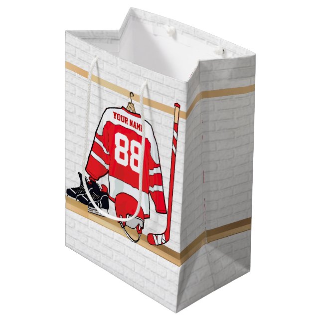Personalised Red and White Ice Hockey Jersey Medium Gift Bag (Front Angled)