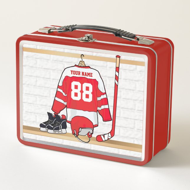 Personalised Red and White Ice Hockey Jersey Metal Lunch Box (Front)