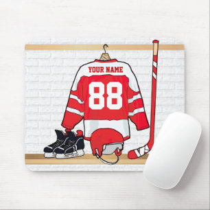 Personalised Red and White Ice Hockey Jersey Mouse Mat
