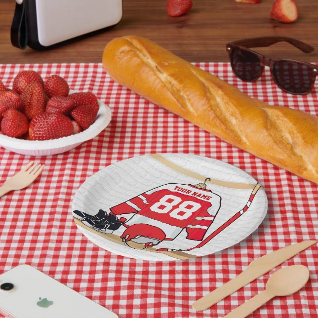 Personalised Red and White Ice Hockey Jersey Paper Plate (Picnic)