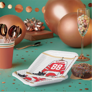 Personalised Red and White Ice Hockey Jersey Paper Plate